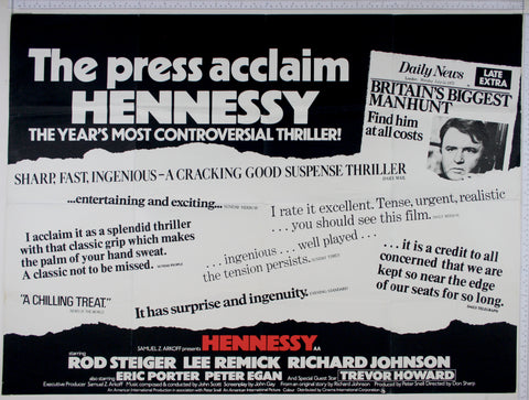 Newspaper headline quotes version, with mockup of front page showing Hennessey and Britain's Biggest Manhunt.