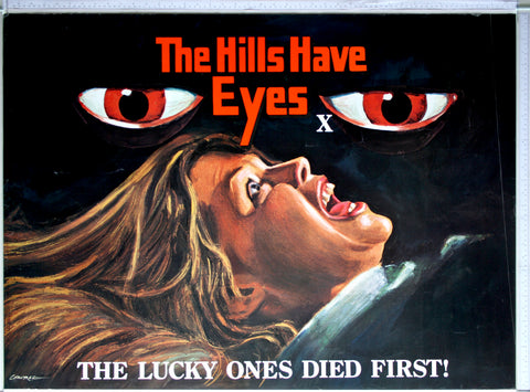 Close up of prone screaming woman on black, with two red pupil eyes hovering above.