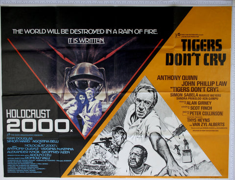 On left, the power plant emerginf from the sea, frightened couple in front, on right B+W artwork of Quinn and action scenes.