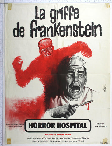 Red Frankenstein monster behind terrified surgeon (Gough) holding bloody scalpel.