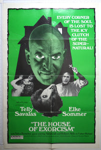 On green, large closeup of Savalas with enlarged, demonic eyes, woman being stifled, bloodied priest, screaming woman.