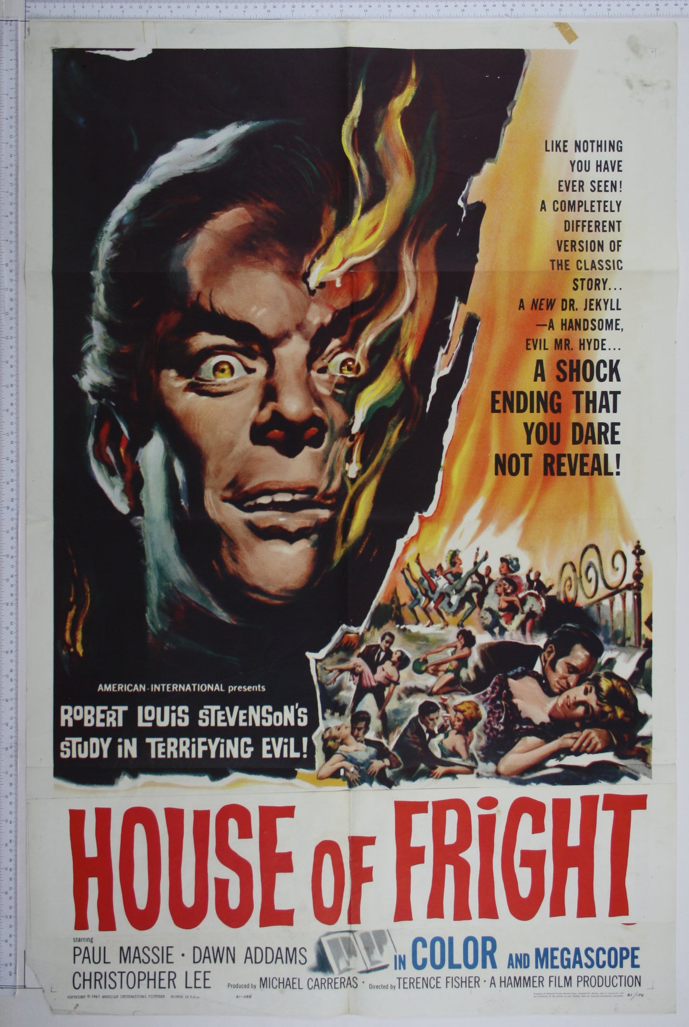 House of Fright - Hyde's face bursts into flames, below, scenes of dancing and lechery. 
