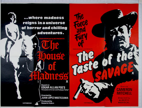 On black, high contrast naked woman on horse led by monk. Ar right on red, high contrast cowboy gunman.