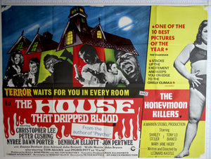 House with shaped boxes, vampires, axeman, voodoo girl, man and monstrous killer. On right, Stoler half figure on yellow.