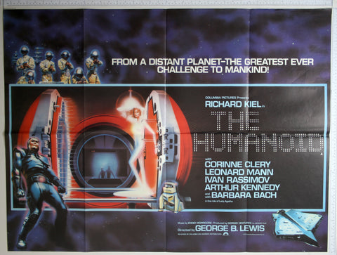 Woman in white suit stands by red glowing doorway, detail of humanoid, robot dog, spacewship and soldiers pointing rayguns.