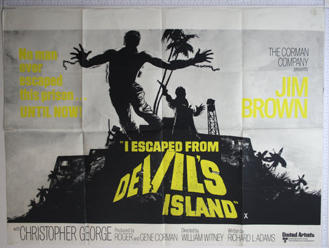 Silhouette of manacled man falling over edge as warders point guns at him, the prison and watchtower behind.