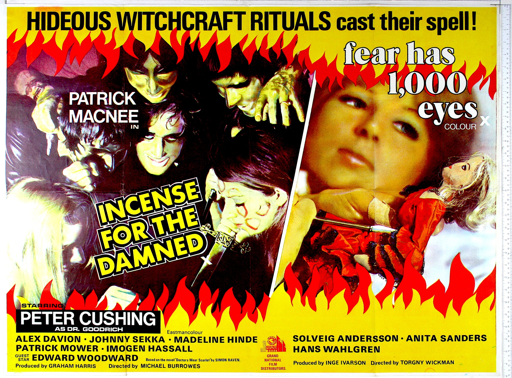 With yellow-red flames border motif, orgy of masked worshippers with knife. On right, woman pierces voodoo doll.