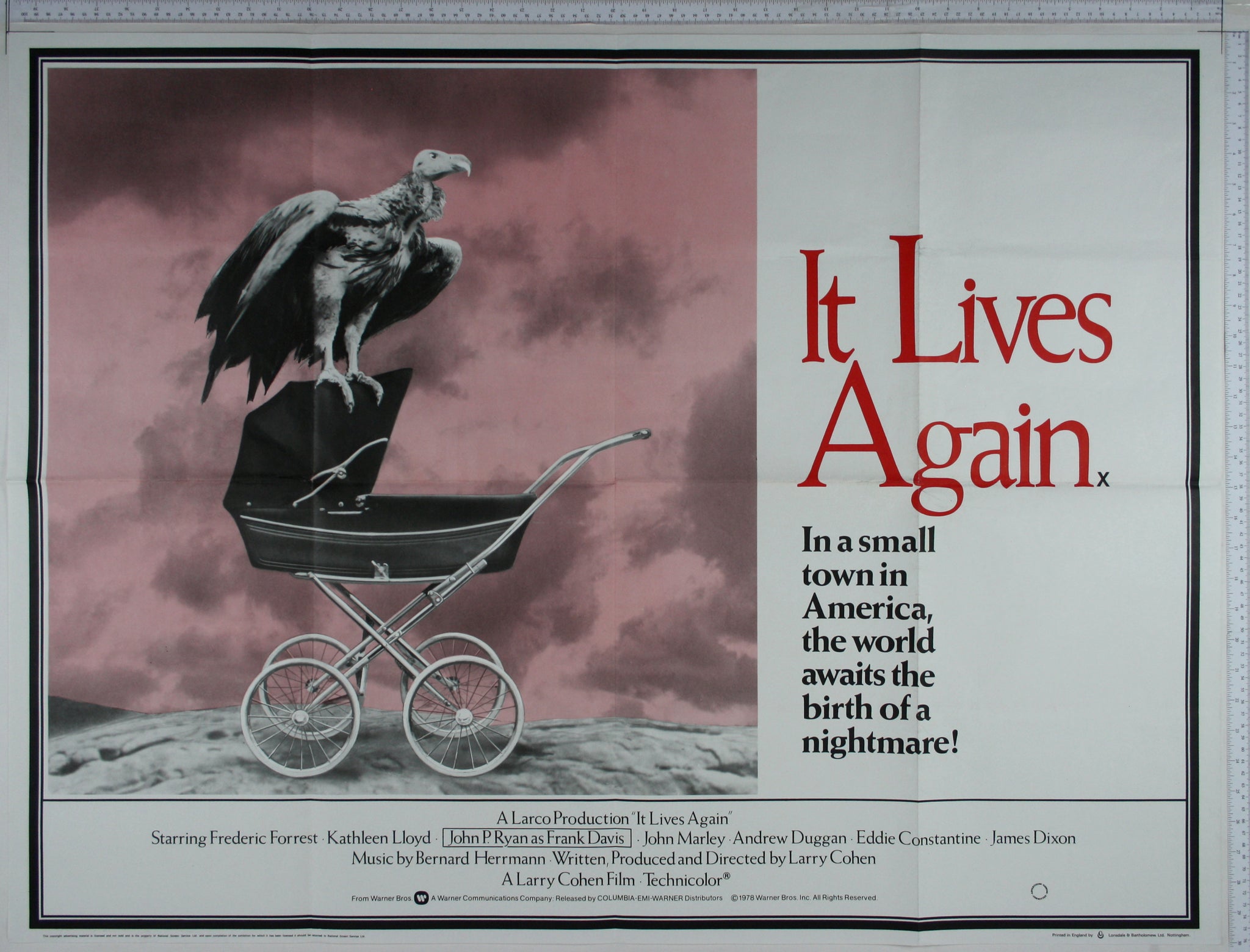 Inset picture of pram in profile against red sky, with vulture perched on top.