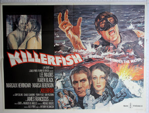 Artwork of diver attacked by piranha, lead actors, explosions, boats and leads in shower.
