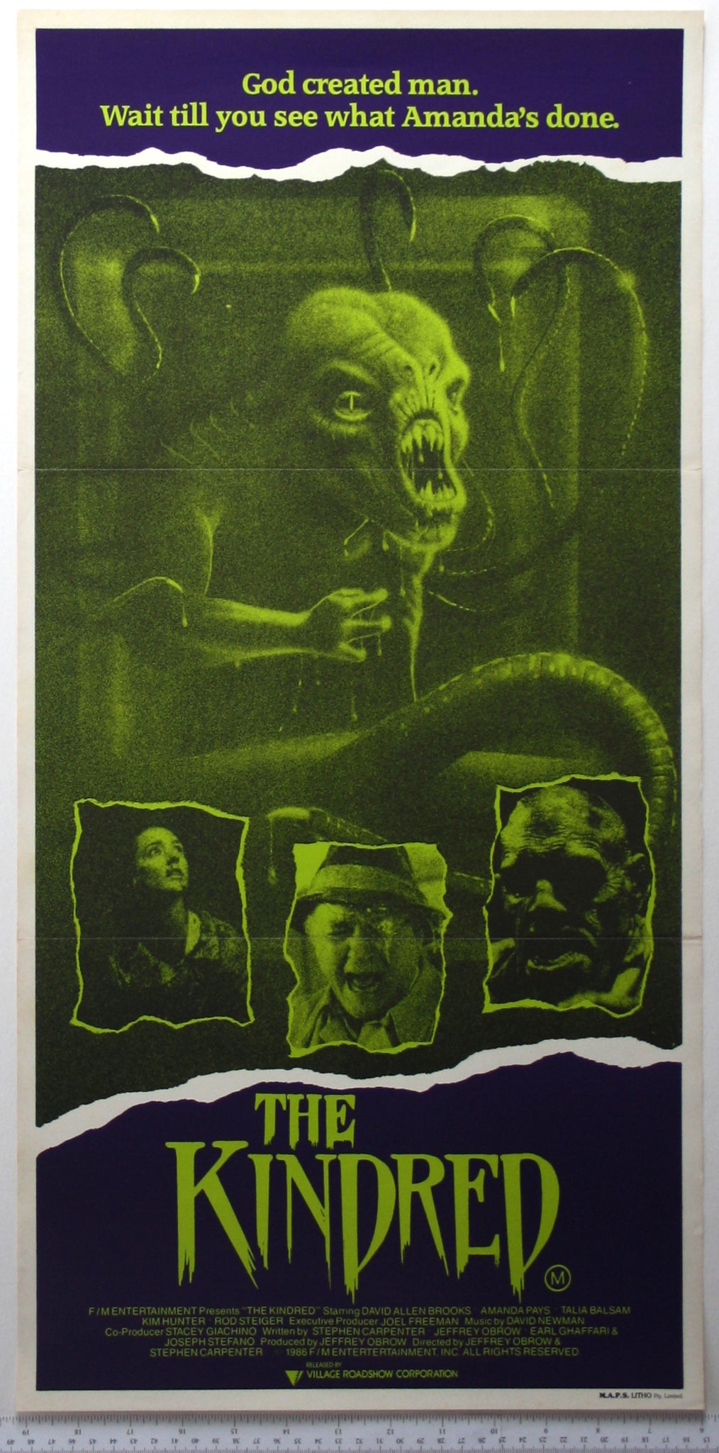 Green hued artwork of monstrous tentacled creature, with ragged insets of lead actors.