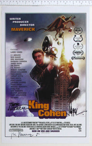 Atop the Chrysler building, a smiling Cohen holds camera, Q above clutches The Stuff, phone booth and more Cohen images. Signed.