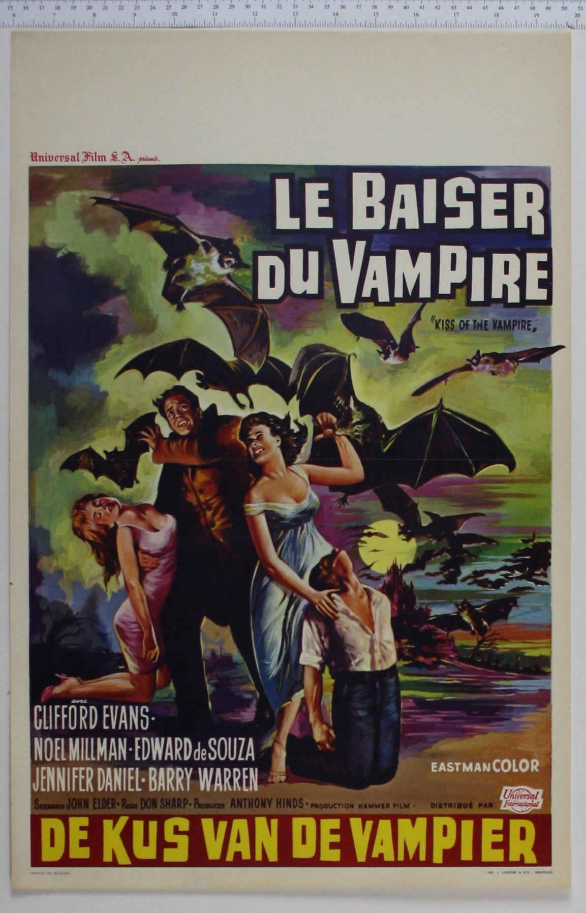 Artwork of bats flying over turbulent sky, under them, vampires holding victims are the ones being attacked.