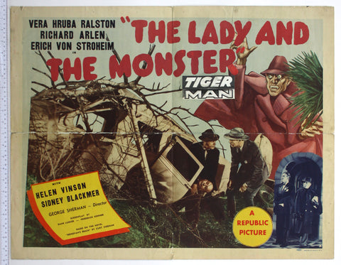 Crashed car with men around victim, clawed and fanged monster in red coat and blue photo of Von Stroheim.
