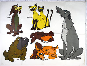 Large cartoon characters from Lady and the Tramp, Toughy, Siamese Cats, Bull, Pedro, Dachsie and Boris.
