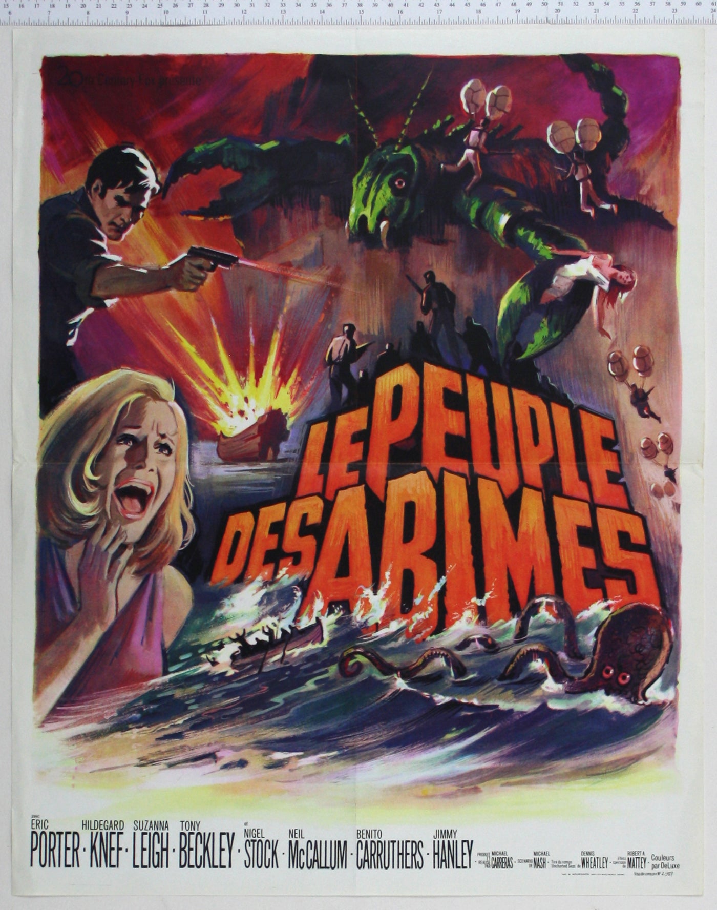 Artwork of screaming woman, octopus, giant crab with victim, people suspended on balloons, man fires gun, explodes ship.