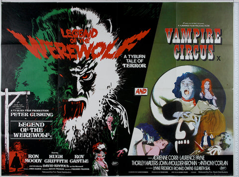 Werewolf on black, with Cushing and gibbet. On Right, Skull contains vampire and victim and inset scenes. with hanged skeleton.