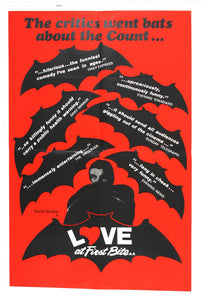 On red, critic quotes within black bat shapes, Hamilton at bottom holding cape over face.