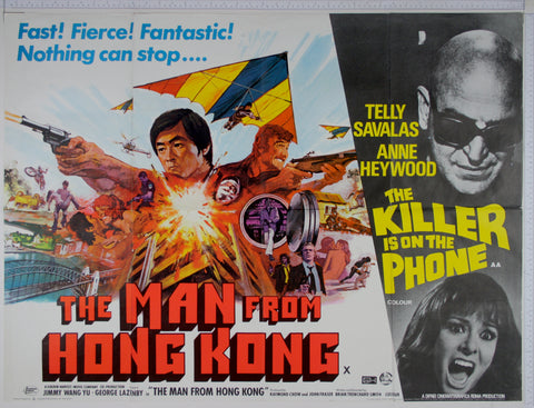 Explosive action artwork, men shooting, bank robbery, bike jump, hang gliders. On right, Savalas looms over screaming girl.