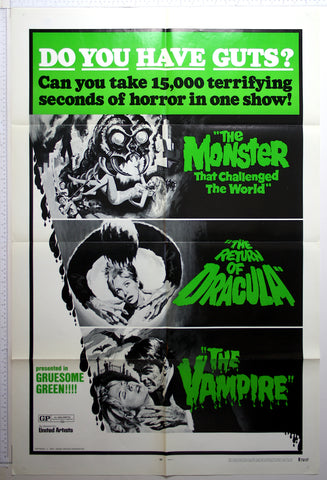 Triple bill monster show, with giant centipede menacing girl, and women attacked by vampires.