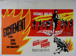 Flame motif to left, on red, man runs from pursuing tribesmen. Below, cars collide and explode.
