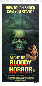 Green-hued ape monster with wild hair on black, with shocked girl in bikini below. Title has blood drips.