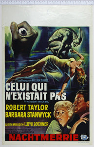 Surreal artwork, hand holds eyeball, demon sits astride fainted woman, at bottom, frightened Stanwyck with Taylor.