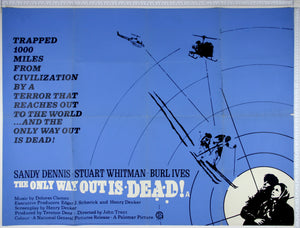 On blue, high contrast images of helicopters shooting at two skiers, two leads in white circle, lines emanating from it.