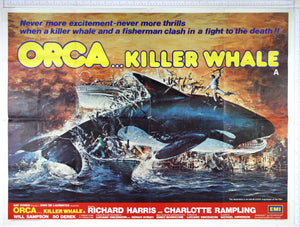 Crazy artwork of giant killer whale leaping from water, dwarfing men and crushed boats, destroyed fishing town at rear.