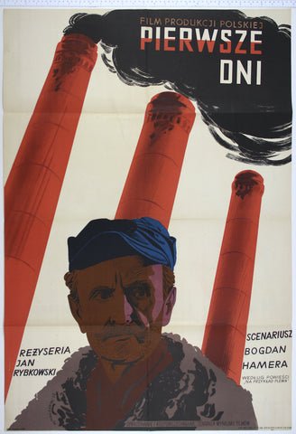 Artwork of low angle of man in blue cap with moustache, three towering chimneys in background, one smoking.