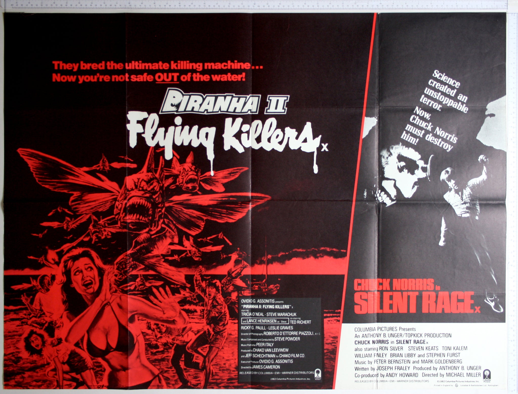 Red on black artwork of flying killer fish attacking scared people. On right, demon faces looms over kicking Norris.