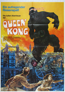 On yellow/orange, huge female gorilla with hair ribbon stamps over devastated London, two figures flee in terror.