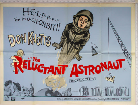 Cartoon artwork of Knotts in spacesuit blasting off, with character photos and cartoons surrounding.