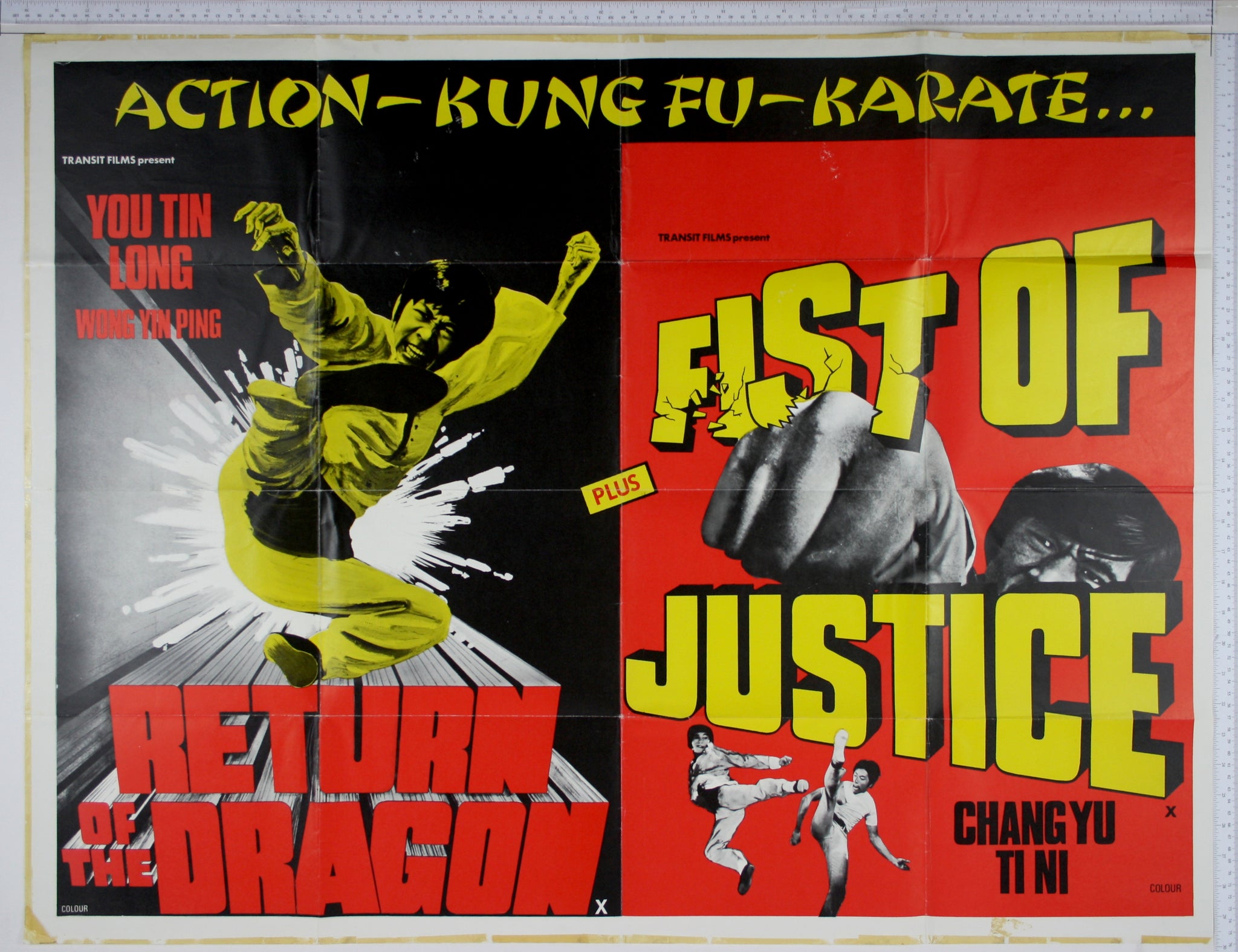 High contrast photo in yellow of kicking man, explosion behind. On right on red, close up man's fist breaks title, fighters below.
