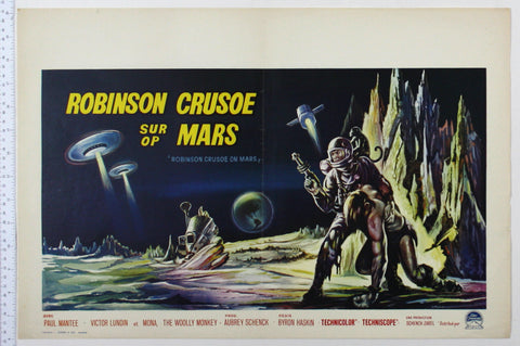 Artwork of space scene, with crashed ship, spaceman holding up slave, monkey on shoulder, spaceships landing.