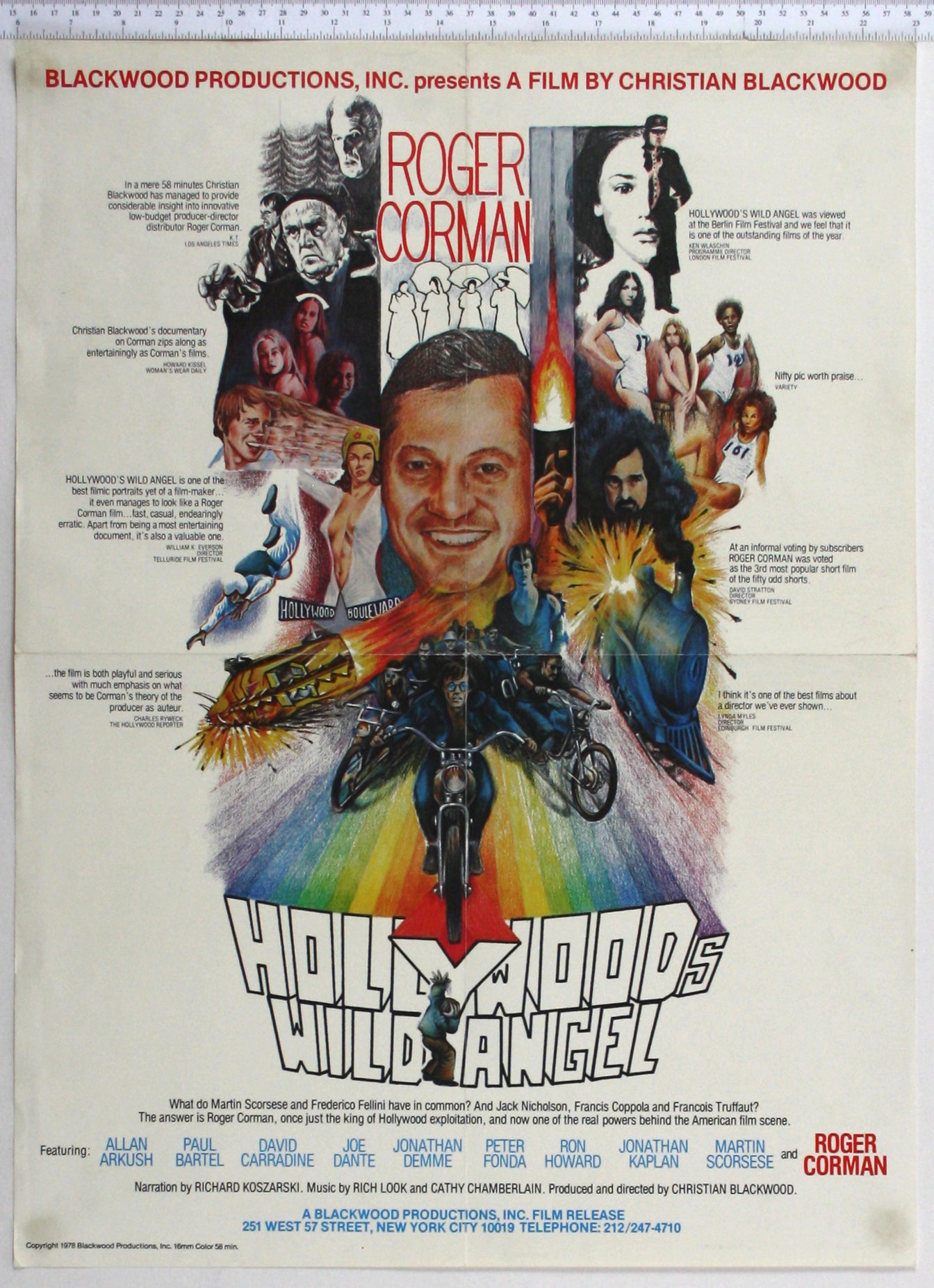 Artwork of Corman's face, surrounded by colour and b+w images of key films and people, advancing motorbikes at bottom.