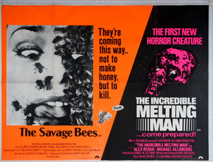 On dayglo orange, inset b+w box of terrified face covered in bees. On right, dayglo purple of melting face.