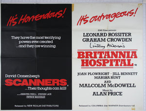 Text only poster for both, Scanners red and white lettering on black, Britannia Hospital red and black on white.