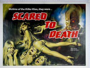 Artwork of various posed semi-naked females, screaming with alien closeup top right on textured background.