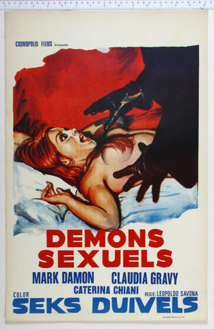 Agaisnt a red backdrop, a naked red headed girl lying on a bed in shock as a black-gloved shadowy figure reaches towards her.