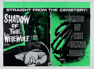 In green and black, on the left a werewolf with bared fangs drools over the writhing face of a vampire woman. On the right, a skeletal hand reaches across the surface of the tomb..