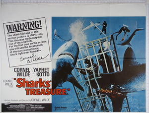 Photo and artwork of sharkes surrounding a submerged cage, one breaking through, as other attack divers.