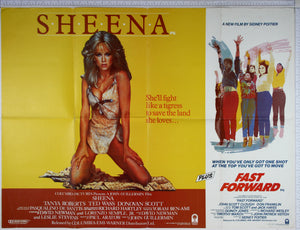 On yellow, Tanya Roberts on her knees in hide bikini. On right, artwork of dance hopefuls leaping in the air.