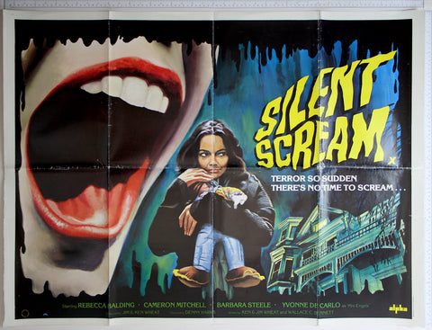 Artwork of huge screaming mouth, at centre, strange dark-haired woman clutches doll, with gloomy house at right.