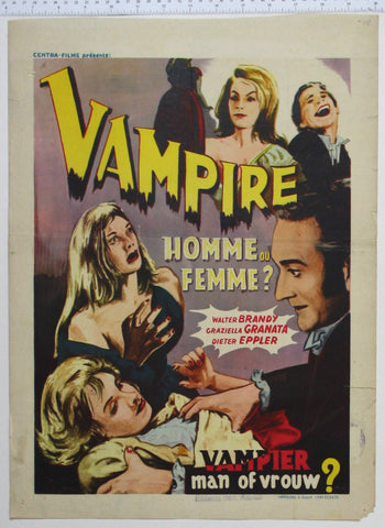 Artwork of various women recoiling in terror from vampire figure at right, clutching girl at bottom.