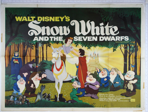 Snow White on horse with prince, surrounding are dwarfs, wicked queen and hag and woodland creatures, with castle at rear.