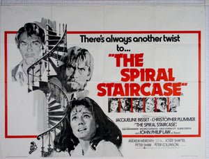 B+W artwork of three leads in closeup around spiral staricase. Inset boxes of six main characters. Text in red.