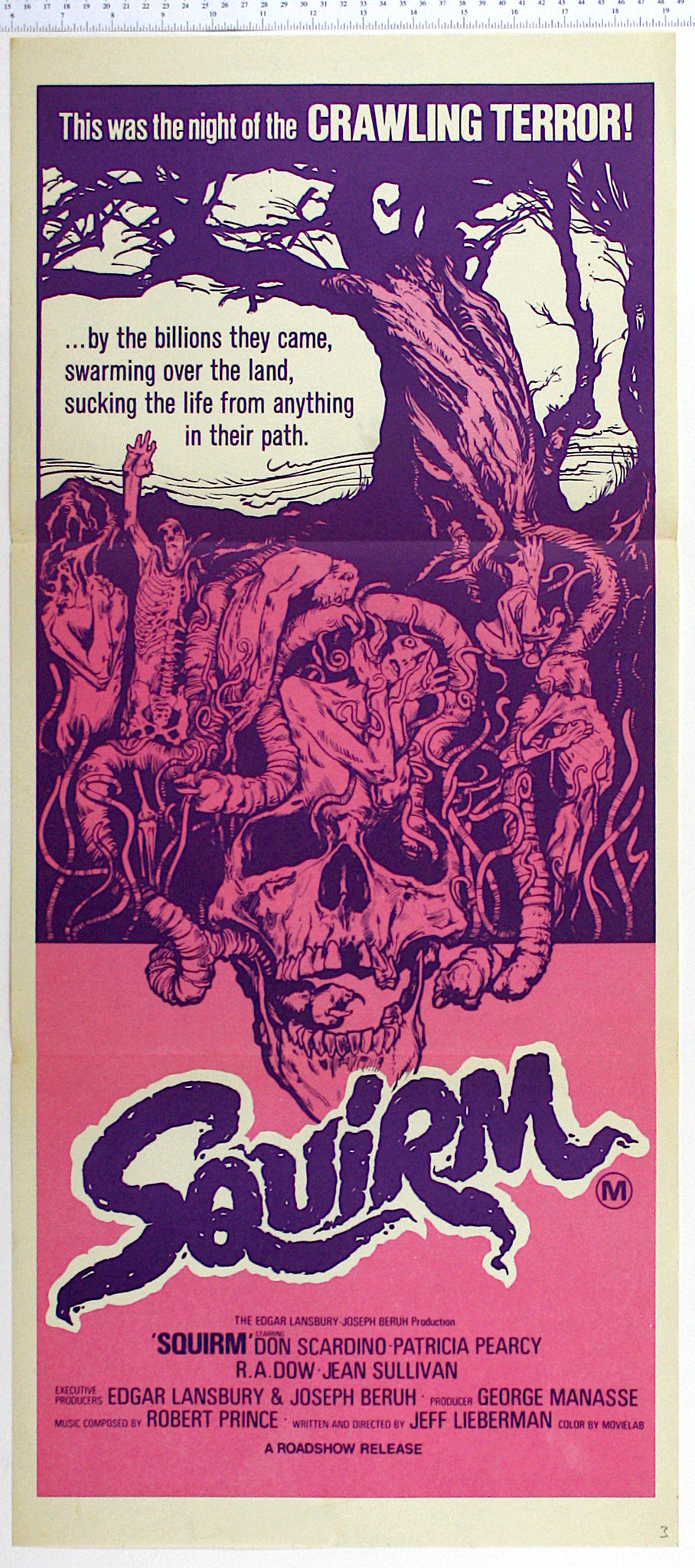 On pink and purple, artwork of skull and dying people being consumed by worms and centipedes.
