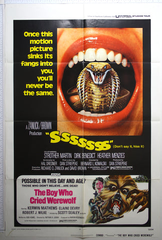 Huge mouth open in scream with cobra visible inside. At bottom, werewolf snarls with claws out, insets of fight, boy, fleeing woman. 