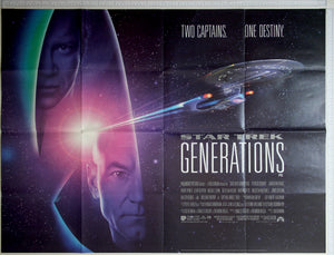 On spacescape, artwork of USS Enterprise coming out of warp speed, with two ghostly portraits of Kirk and Picard.