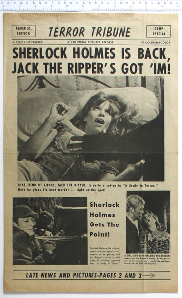 Newspaper mockup herald called Terror Tribune, with photo of Ronay about to be attacked, Holmes in fight and arguing couple.